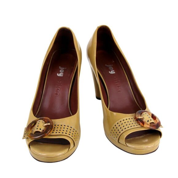 Joy Chen MUSTARD REAL LEATHER HIGH HEEL OPEN TOE BUCKLE CLASSIC PUMP SHOES Sz 9 - Picture 6 of 10